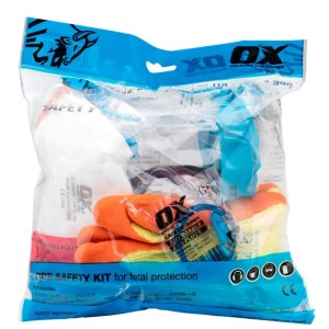 OX PPE Safety Kit- 1xFFP2 Masks, Ear Plugs, Grip Gloves, Safety Goggle In Polybag
